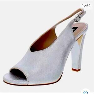 DKNY Glitz MET Suede Leather Silver Peep Toe Cocktail Party Sandal Heels